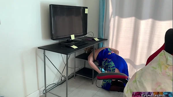 Stepmom gets stuck in a desk and stepson fucks her