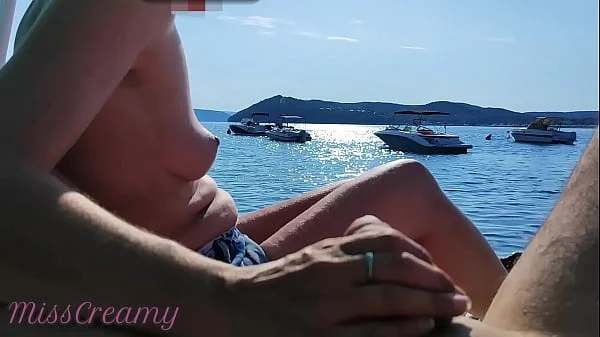 French Milf Handjob Amateur on Nude Beach public in Greece to stranger with Cumshot - MissCreamy