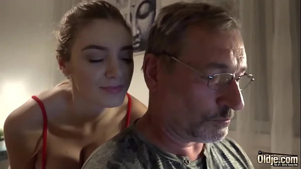 Girlfriend with big boobs rides grandpa cock she gets fucked hard and takes large cumshot